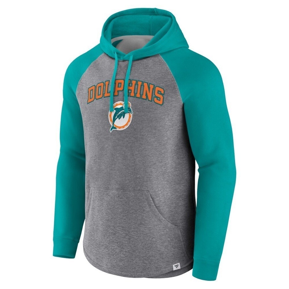 NFL Fanatics Miami Dolphins Mens Medium Raglan Hoodie Gray Teal Embroidered Logo